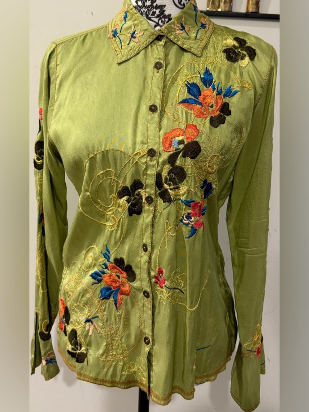 Johnny Was Green Embroidered Silk Button-Up Top with Multicolor Floral Accents
